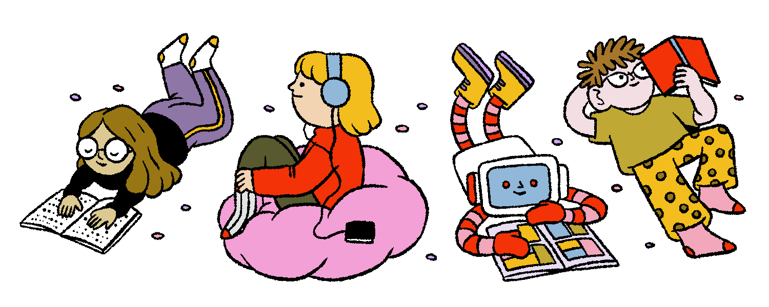 Trois personnes et un robot lisent côte à côte. Deux lisent des livres imprimés, un écoute des écouteurs et un lit un livre en braille.