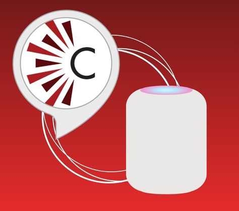 Le logo CAÉB à l'intérieur d'une bulle de dialogue à côté d'un haut-parleur intelligent Amazon Alexa sur un fond rouge.