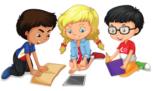 Illustration de dessin animé de trois enfants assis ensemble en train de lire. Deux lisent des imprimés et un lit avec une tablette.
