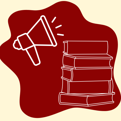 Un graphique d'une pile de livres et d'un mégaphone sur un fond rouge foncé.