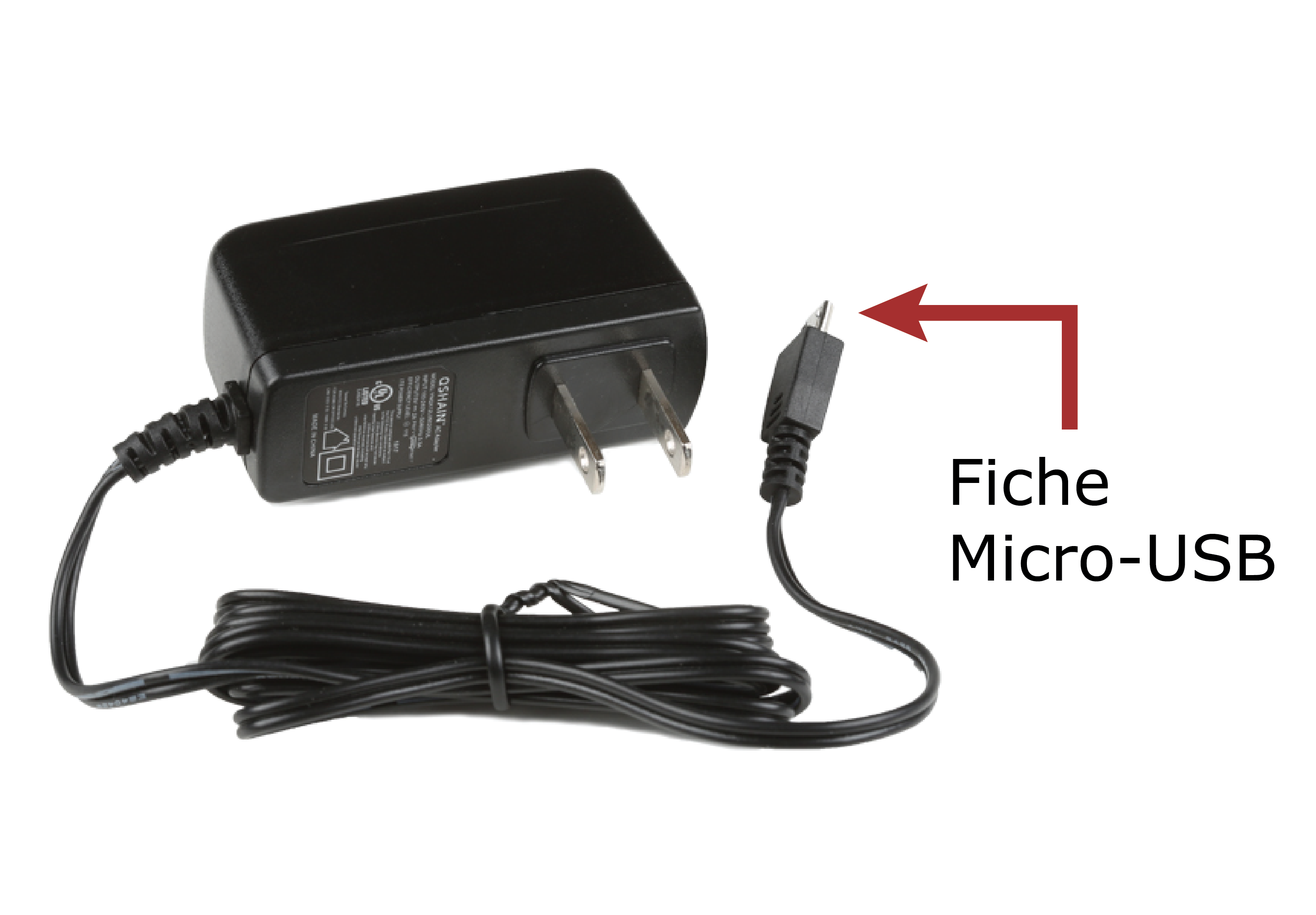 Photographie d'un chargeur mural pour prise nord-américaine. La partie à brancher dispose d'un câble micro-USB intégré et d'une fiche à son extrémité.