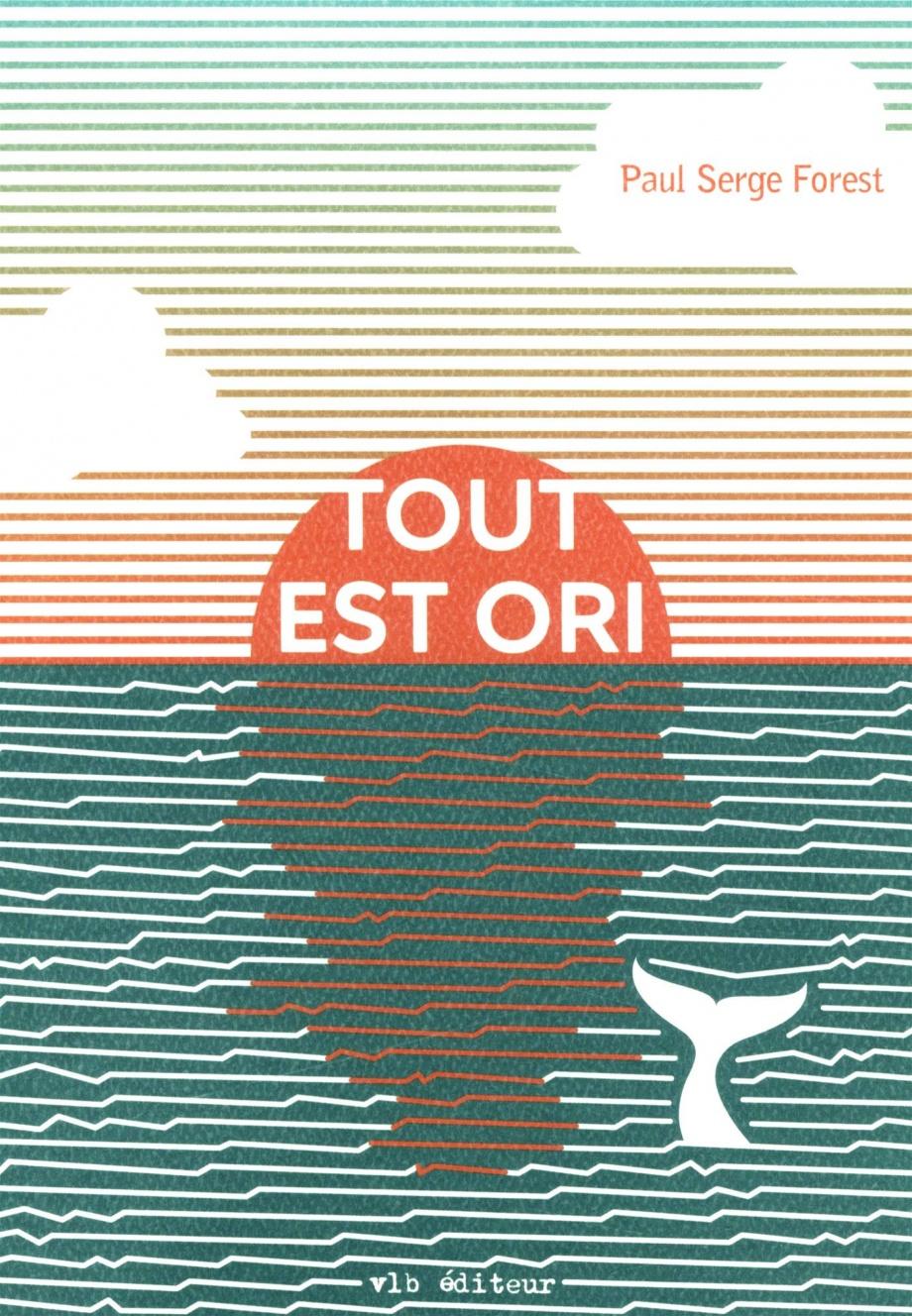 Une illustration simple du soleil se couchant sur un océan calme avec une queue de baleine apparaissant au-dessus de l'eau. Au soleil orange est le texte Tout est ori