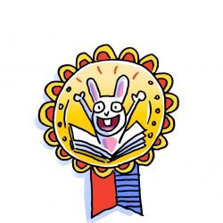 un dessin animé d'un ruban de récompense. Sur la partie ronde du bouton se trouve une image d'un lapin blanc avec ses mains en l'air au-dessus d'un livre. Il y a un ruban rouge et bleu sous le bouton.