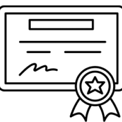Un dessin au trait noir et blanc d'un certificat avec un ruban dans le coin inférieur droit.