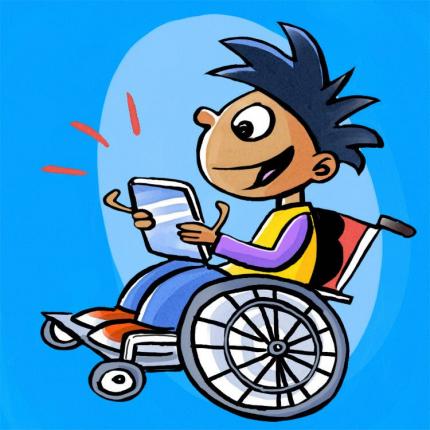 Caricature d'enfant en fauteuil roulant lisant